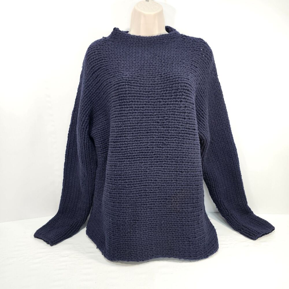 J.Crew Fisherman Slouchy Garter Stitch 100% Wool Sweater Navy Women’s L Handknit